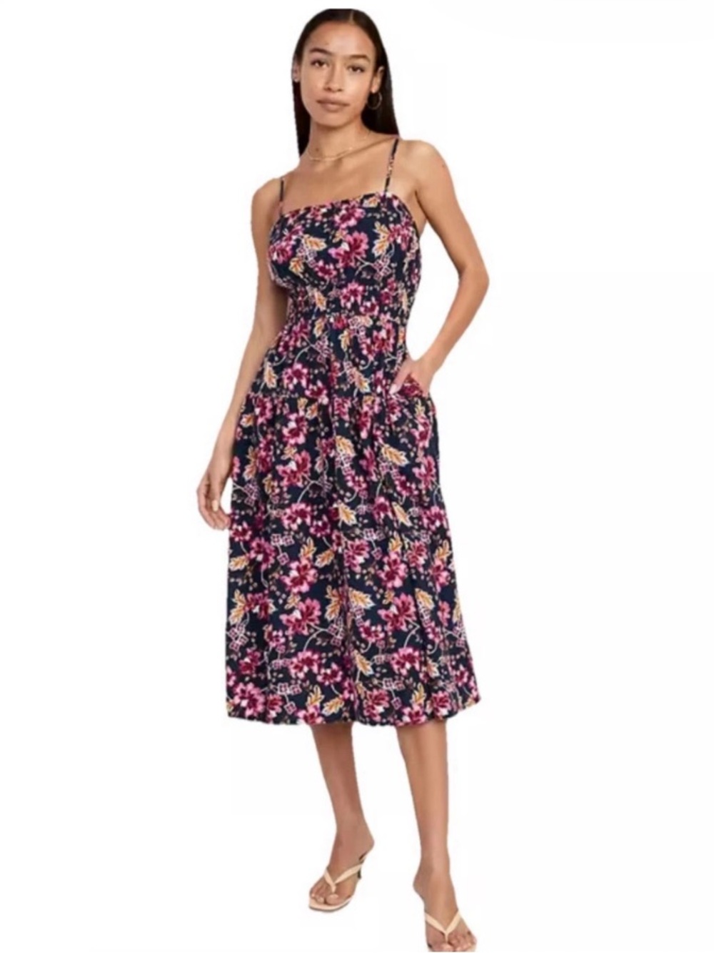 Old Navy Waist Defined Floral Linen Blend Smocked Cami Midi Dress Cottage Sz XL